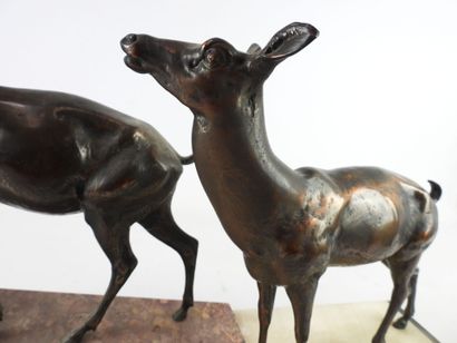DEER and BICHE. Group in patinated regula,...