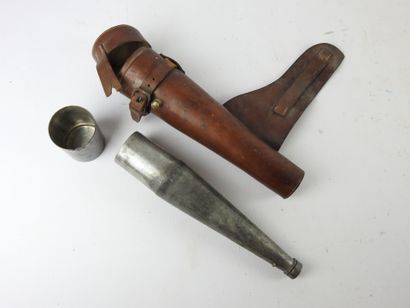 Pewter alcohol flask with its cup, in a leather...