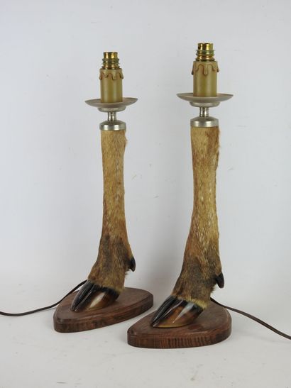 PAIR of lamp feet deer leg mounted on a wooden...