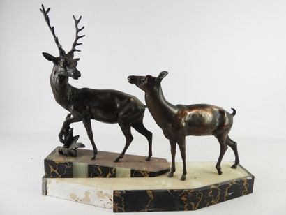 DEER and BICHE. Group in patinated regula,...