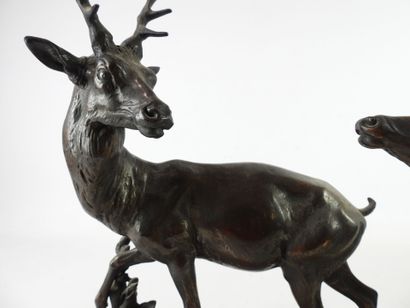 DEER and BICHE. Group in patinated regula,...