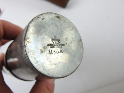 Pewter alcohol flask with its cup, in a leather...