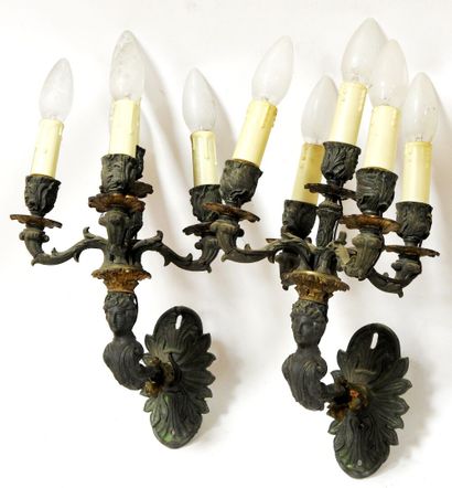 
Pair of sconces in gilt bronze and green...