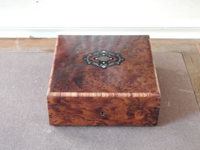 Square-shaped box in burr walnut and medallion...
