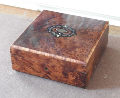 Square-shaped box in burr walnut and medallion...