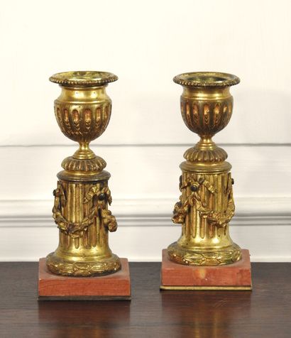 Pair of SMALL CANDLES in chased and gilded...