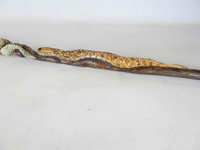 Canne motif serpent en bois sculpté et coloré....