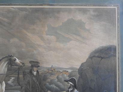 LA HALTE DES CHASSEURS. Lithographie ancienne...