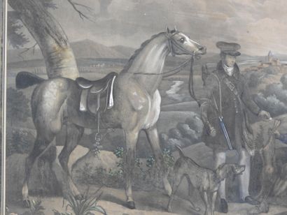 LA HALTE DES CHASSEURS. Lithographie ancienne...