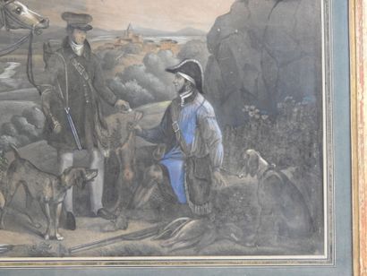 LA HALTE DES CHASSEURS. Lithographie ancienne...