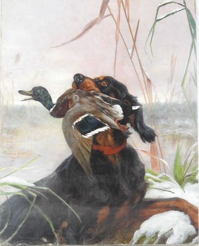 Gaston GELIBERT (1850-1931) : Setter au canard....