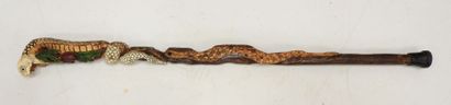 Canne motif serpent en bois sculpté et coloré....