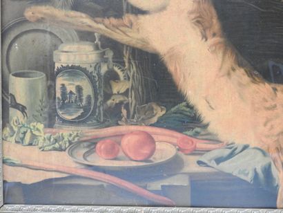NATURE MORTE AU LIEVRE. Chromolithographie....