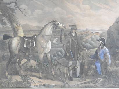 LA HALTE DES CHASSEURS. Lithographie ancienne...