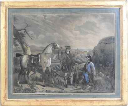 LA HALTE DES CHASSEURS. Lithographie ancienne...