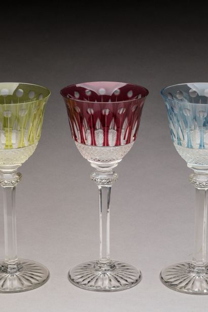SAINT LOUIS: Six colored cut crystal glasses,...