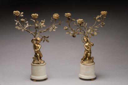 PAIRE DE CANDELABRES à décor d'amours soutenant...