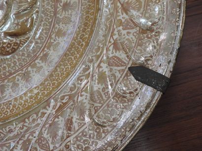 LARGE circular earthenware PLAT with metallized...