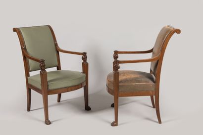 Pair of mahogany armchairs, inverted backrest,...