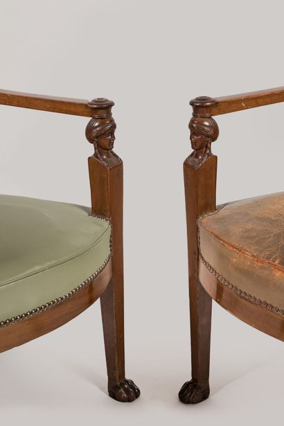 Pair of mahogany armchairs, inverted backrest,...
