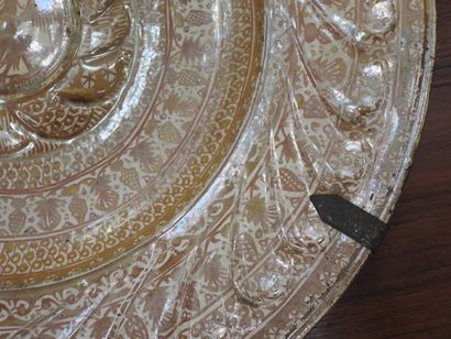 LARGE circular earthenware PLAT with metallized...