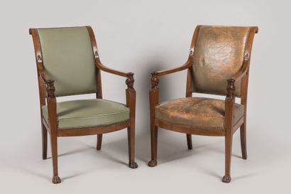 Pair of mahogany armchairs, inverted backrest,...