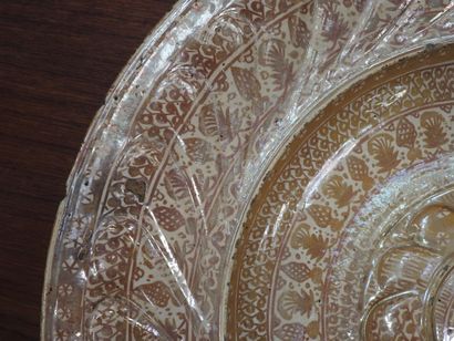 LARGE circular earthenware PLAT with metallized...
