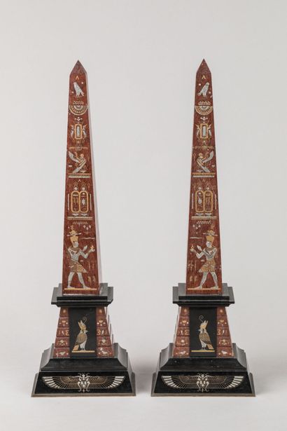 PAIR OF OBELISQUES in griotte red marble...