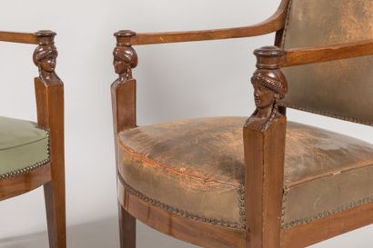 Pair of mahogany armchairs, inverted backrest,...