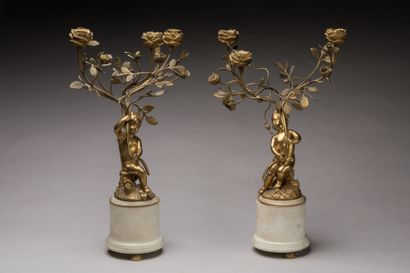 PAIRE DE CANDELABRES à décor d'amours soutenant...