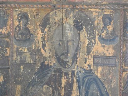 GRANDE ICONE du Christ Pantocrator flanqué...