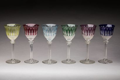 SAINT LOUIS: Six colored cut crystal glasses,...