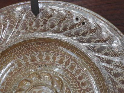 LARGE circular earthenware PLAT with metallized...