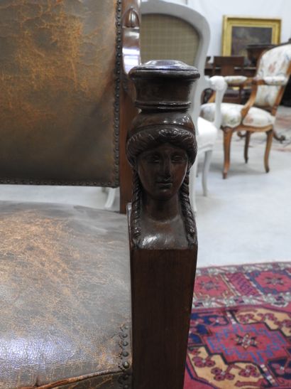 Pair of mahogany armchairs, inverted backrest,...