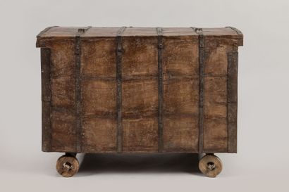 INDIA: Wooden chest on wheels, iron barded,...