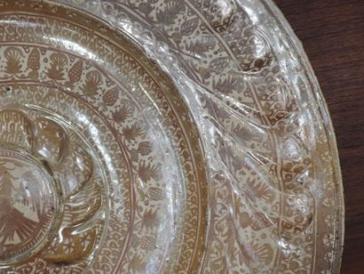 LARGE circular earthenware PLAT with metallized...