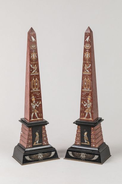 PAIR OF OBELISQUES in griotte red marble...