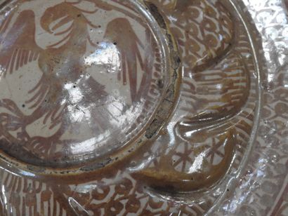 LARGE circular earthenware PLAT with metallized...