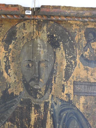 GRANDE ICONE du Christ Pantocrator flanqué...