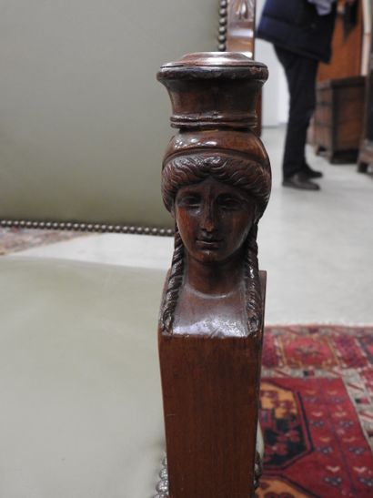 Pair of mahogany armchairs, inverted backrest,...