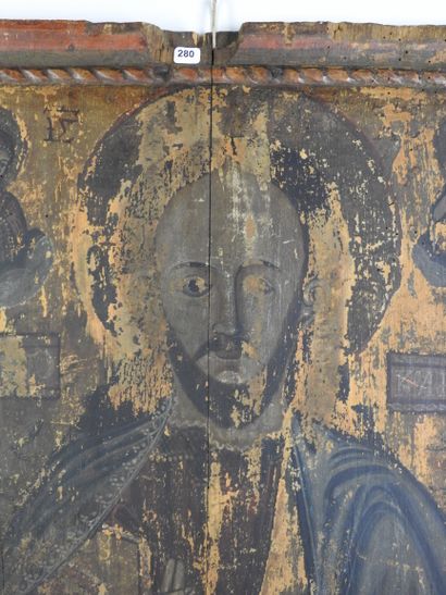 GRANDE ICONE du Christ Pantocrator flanqué...