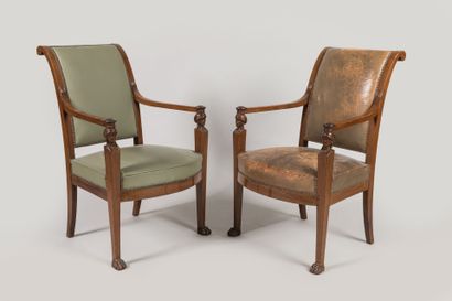 Pair of mahogany armchairs, inverted backrest,...