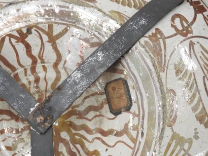 LARGE circular earthenware PLAT with metallized...