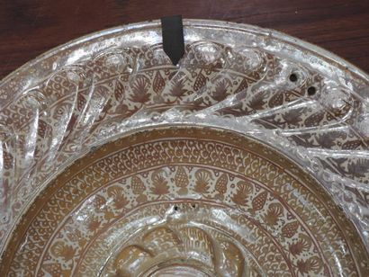 LARGE circular earthenware PLAT with metallized...