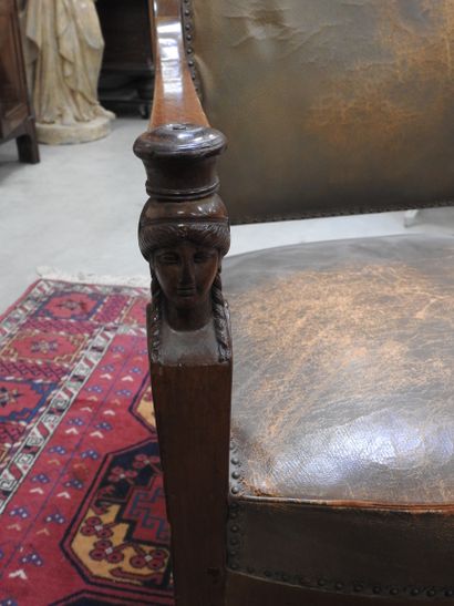 Pair of mahogany armchairs, inverted backrest,...
