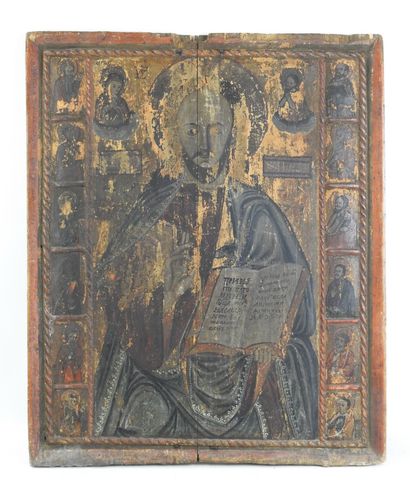 GRANDE ICONE du Christ Pantocrator flanqué...