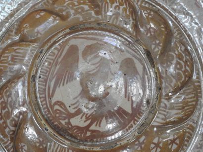 LARGE circular earthenware PLAT with metallized...