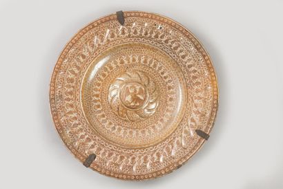 LARGE circular earthenware PLAT with metallized...