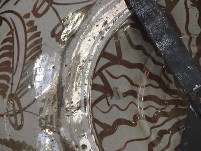 LARGE circular earthenware PLAT with metallized...