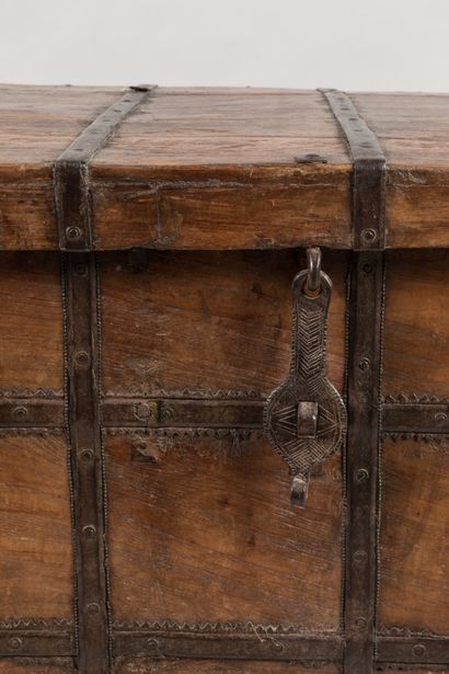 INDIA: Wooden chest on wheels, iron barded,...